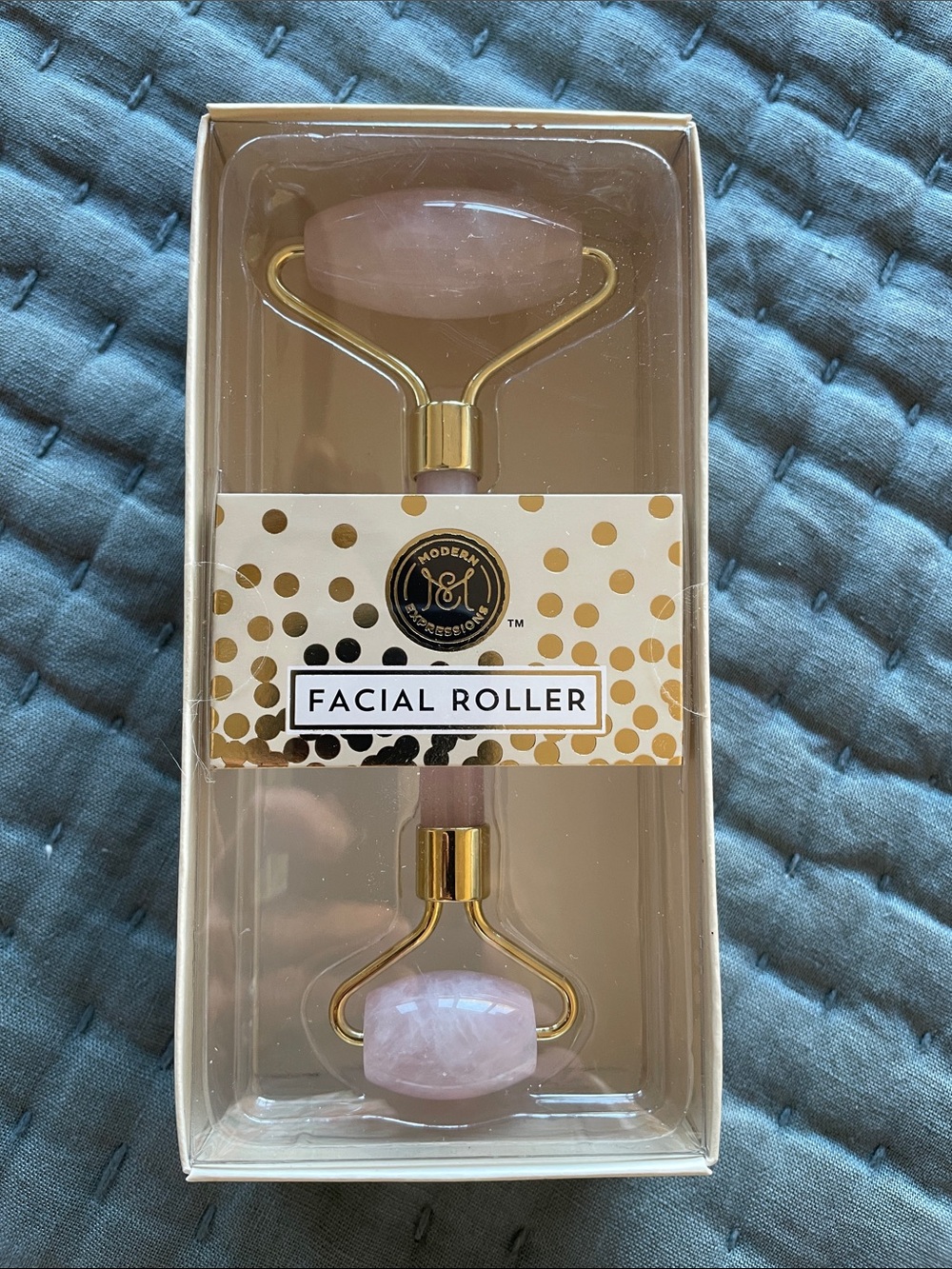 Expressions Pink Rose Quartz Dual-Ended Facial Roller with Gold Accents